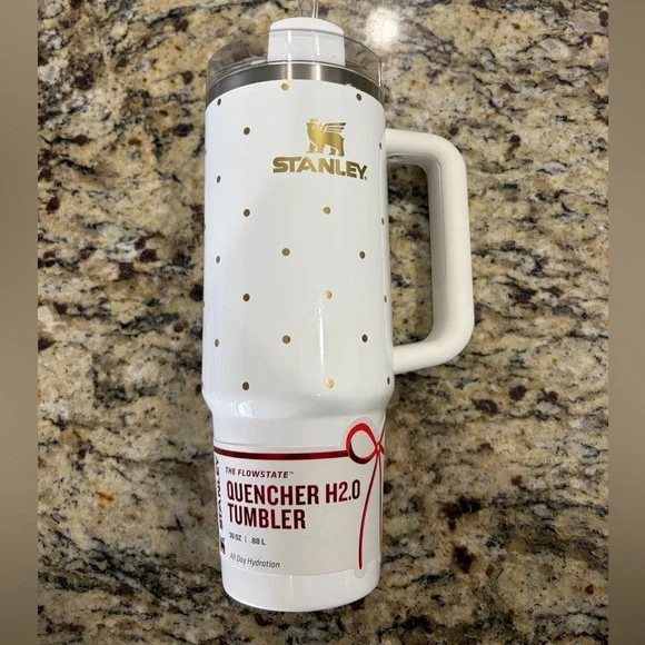 Stanley White and Gold Polka Dot Quencher H2.0 Tumbler with Handle - Picture 2 of 6
